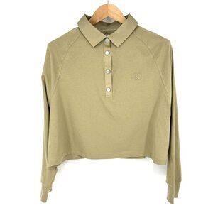 CALVIN KLEIN Polo Shirt Womens‎ Size XL Crop Raglan Long Sleeve Beige NWT